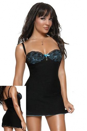 Microfibre Chemise & G-String Black/blue Lg